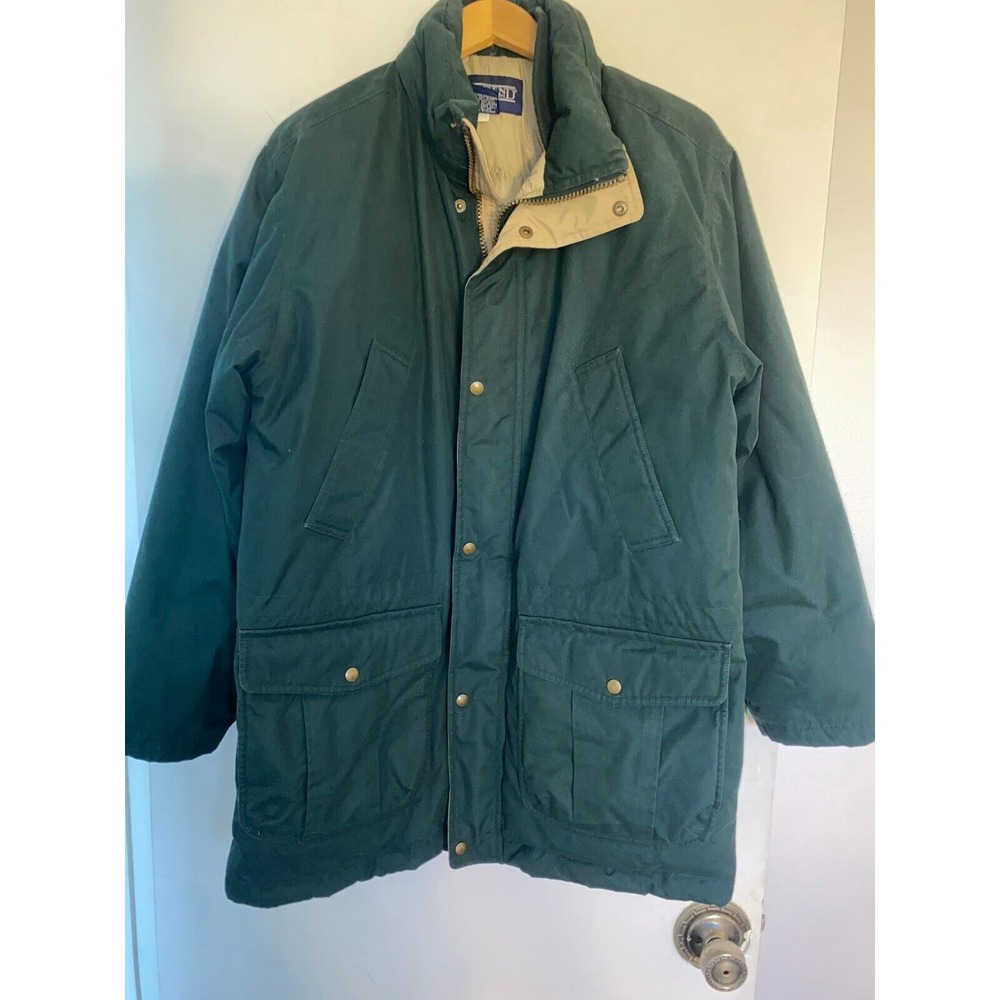Lands' End Long Jacket Men Medium Green Down Fill Line Snap Front Inside Zip